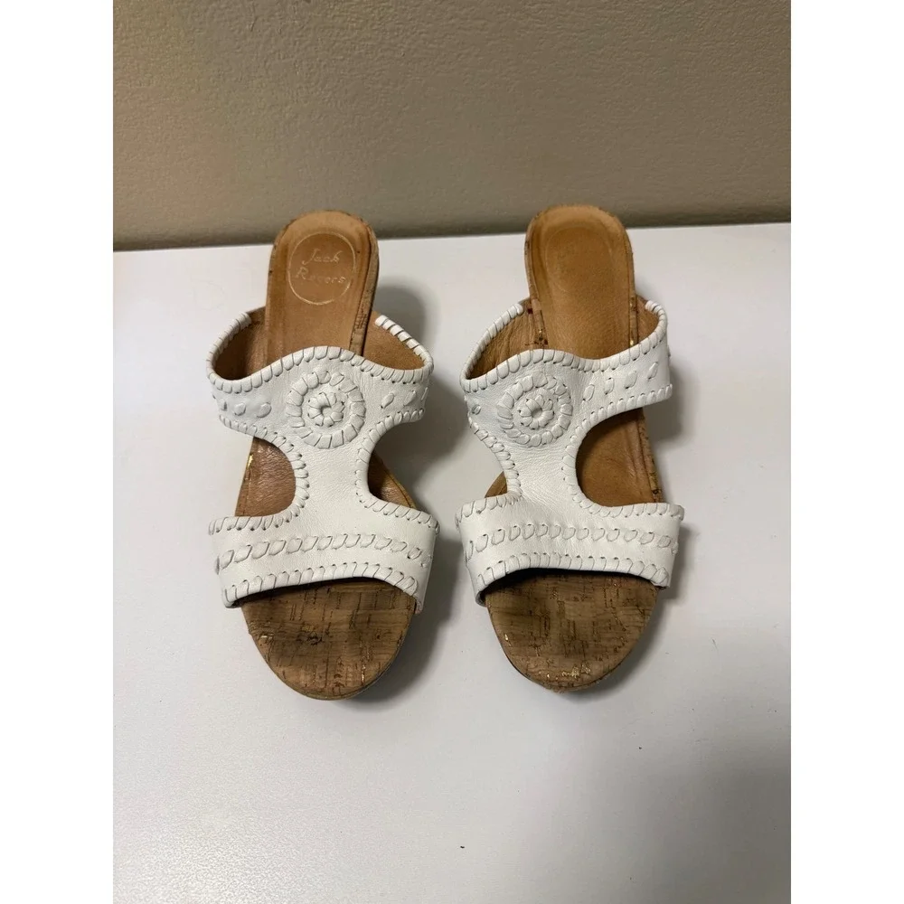 Jack Rogers Womens White Leather Whipstitch Cork Wedge Sandals Gold Fleck 8.5M